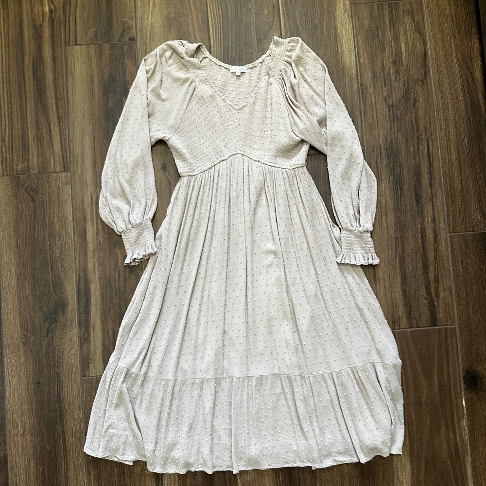 Baltic Born Taupe Swiss Dot Smocked V-Neck Midi Dress 1X Balloon Sleeve Tiered